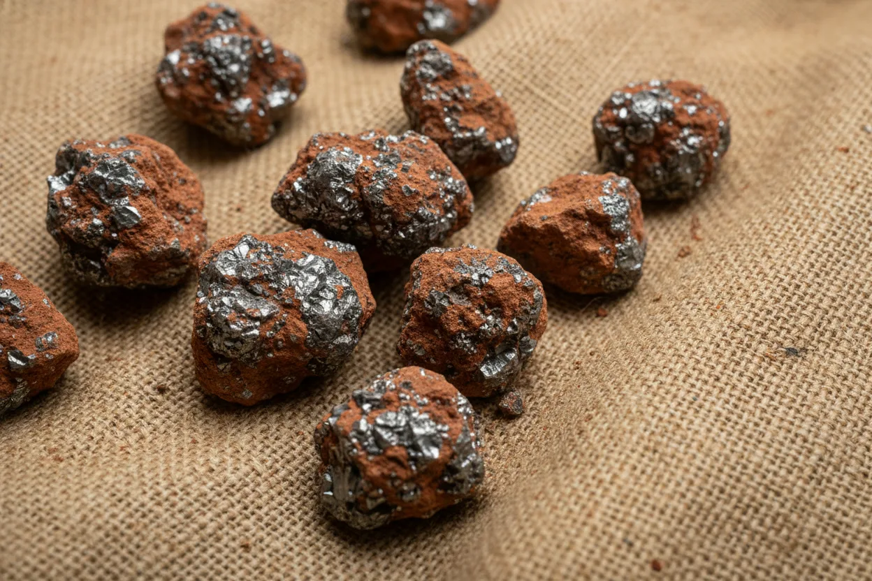 Rough chunks of chrome ore on hessian sack fabric