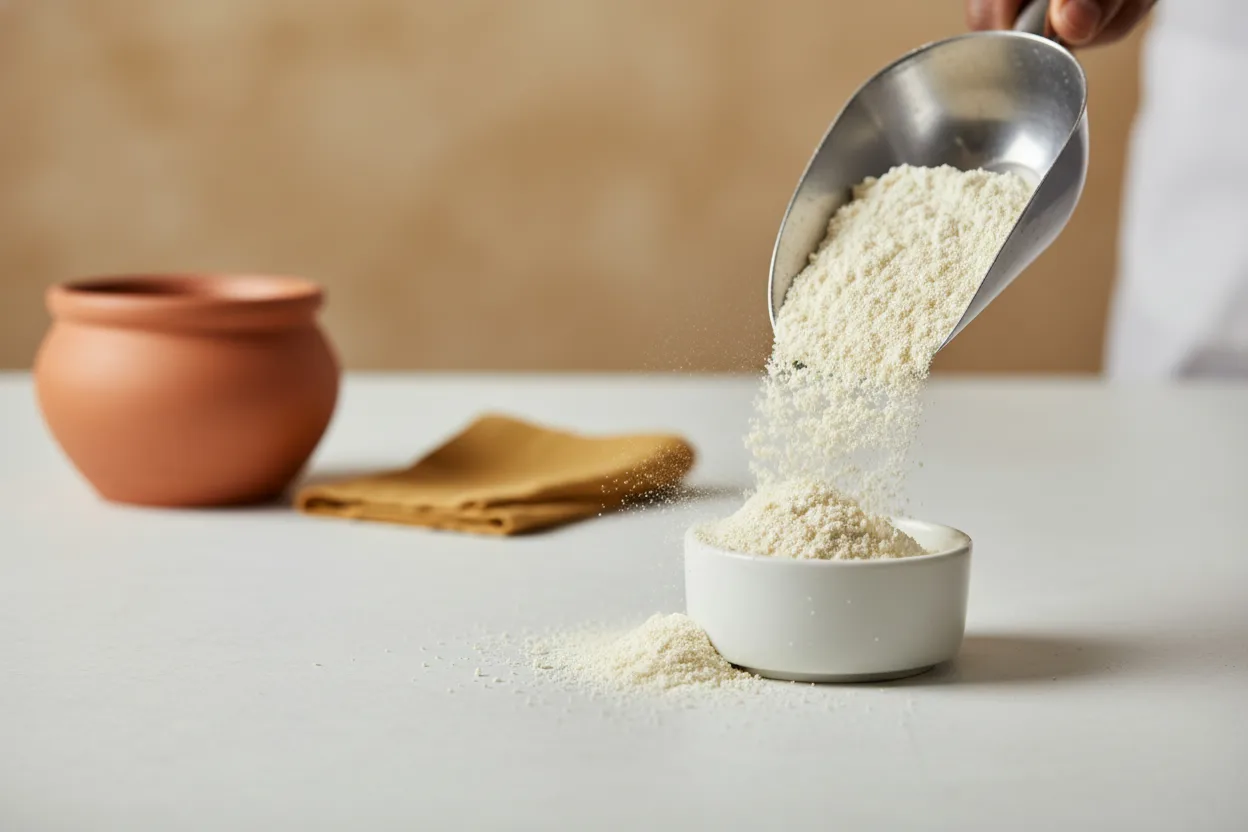 Full Cream Milk Powder being scooped into a sample bag