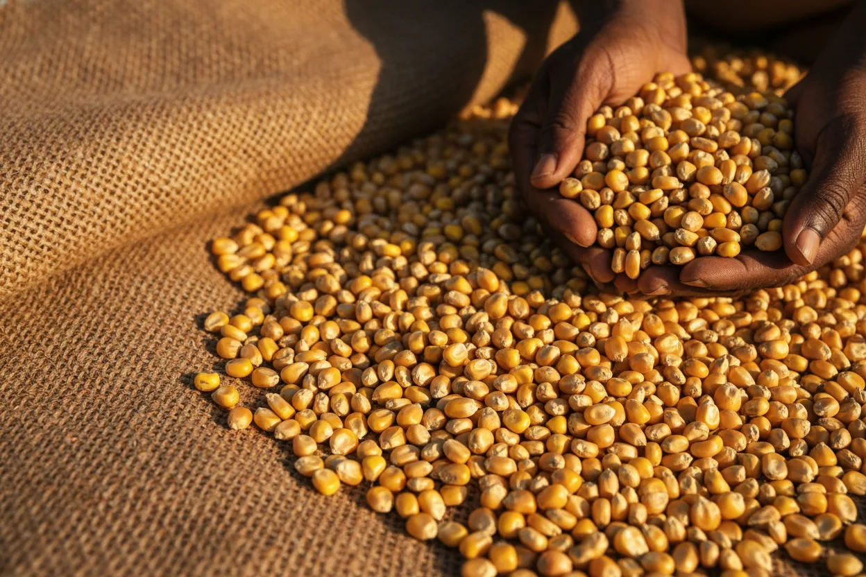Harvested golden maize kernels spilled on hessian sack fabric