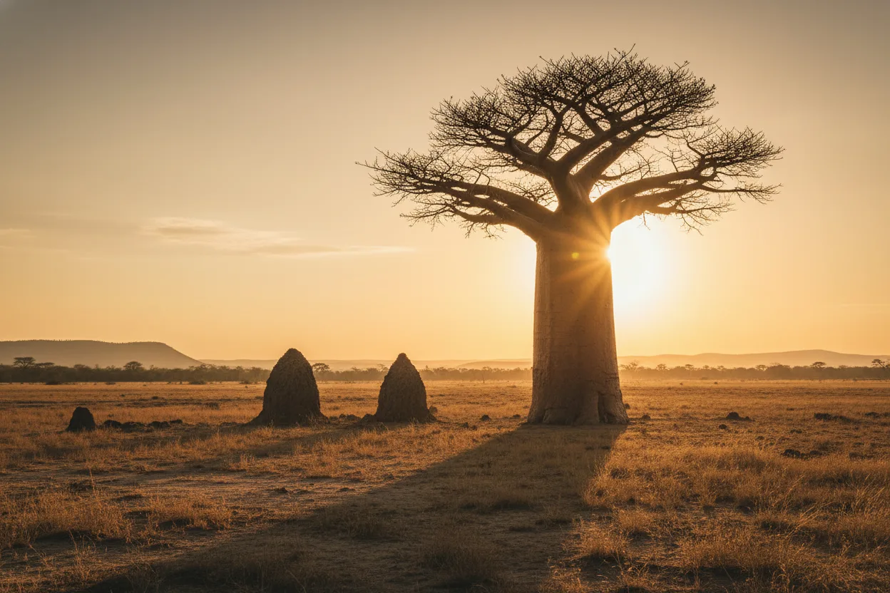 A mature baobab tree on a Zimbabwean savanna at golden hour