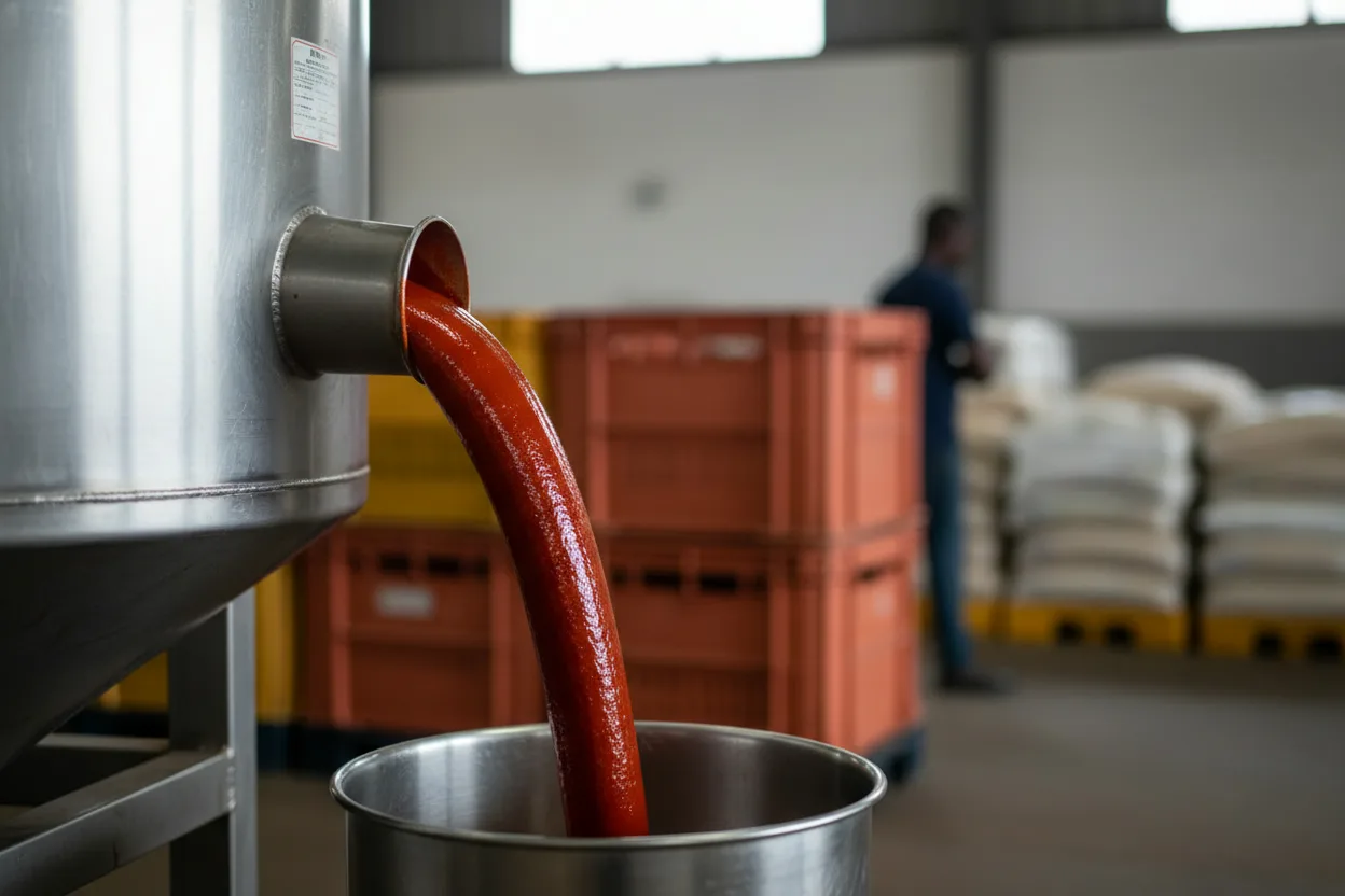 Deep red tomato paste pouring from a stainless nozzle