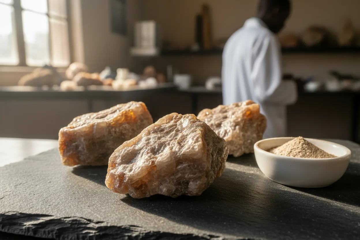 Scheelite concentrate mineral specimen on dark slate