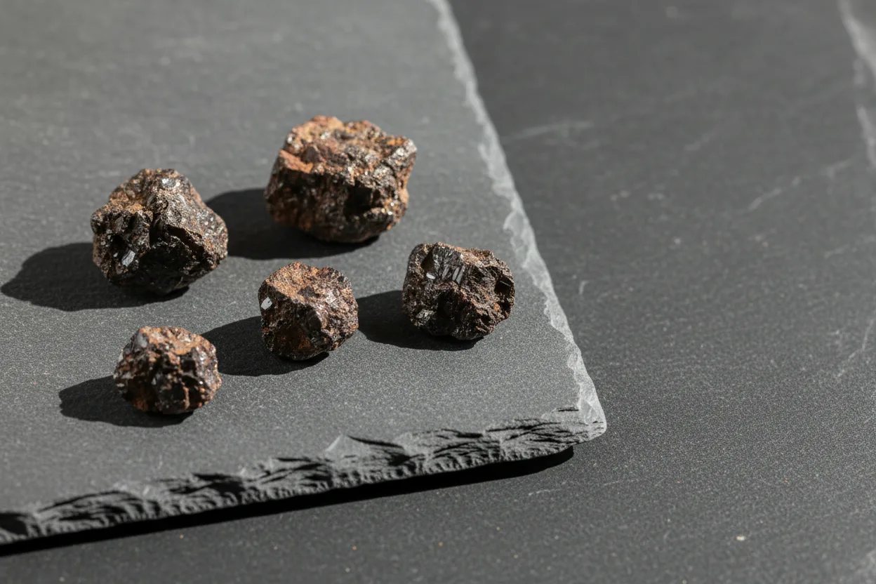 Wolframite concentrate mineral specimen on dark slate